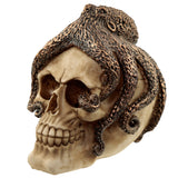 Angled view of a bronze octopus skull ornament, depicting a textured bronze octopus wrapping around a bone-coloured skull.