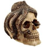 Angled view of a bronze octopus skull ornament, featuring a textured, dark bronze octopus with visible suckers and detailed tentacles covering a light bone-coloured skull.