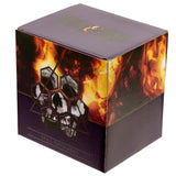 Angled view of a dark purple and fiery orange product box for a skull ornament, featuring a hexagonal skull design and 'Skull & Bones' text.