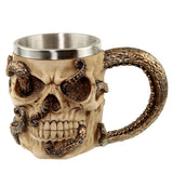Front view of a decorative bronze octopus skull tankard, featuring intricate bronze tentacles wrapping around the bone-coloured skull with a stainless steel inner.