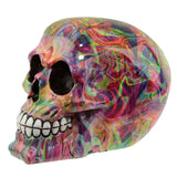 Angled left profile view of a vibrant rainbow marble effect skull ornament, featuring a glossy finish, detailed eye socket, nose cavity, and white teeth.