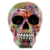 Front view of a glossy rainbow marble effect skull ornament, featuring black eye sockets and white teeth.