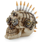 Steampunk Style Skull with Bullet Mohican ornament, shown from an angled left side view, featuring brass and silver gears, pipes, and goggles.