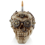 Front view of a Steampunk style skull figurine with a bullet mohican, featuring intricate gears, metallic goggles, and a nose ring.