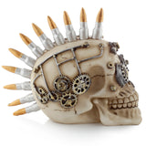Angled left side view of a steampunk style skull figurine, featuring a mohican made from silver and gold bullets, with intricate metallic silver and brass gears and pipework.