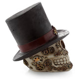 Steampunk style skull ornament, angled to show its right side, featuring intricate metallic cog details and a tilted black top hat with a brown band.