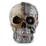 Steampunk Style Skull Half Robot Head ornament, frontal view showing its beige bone and metallic grey robotic halves with red details.
