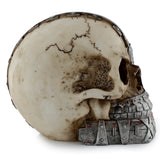 Side profile of a Steampunk Style Skull Half Robot Head ornament, featuring a bone-coloured skull with visible sutures and distressed details, combined with a metallic grey robotic jaw adorned with red rivets.
