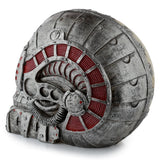 Angled view of a steampunk style skull half robot head ornament, showing its distressed silver metallic finish, prominent red ribbed mechanical details, and black connecting wires.