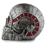 Steampunk Style Skull Half Robot Head ornament, left profile view, showing silver-coloured weathered finish with prominent red mechanical details and rivets.