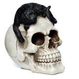 Angled view of a detailed, off-white skull ornament featuring a black cat figurine with green eyes curled on top.