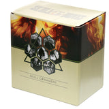 Angled view of the beige and black packaging box for a Skull with Black Cat Ornament figurine, featuring a hexagonal skull design and 'SKULL ORNAMENT' text.