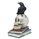 Angled view of a black crow figurine with red eyes perched on an off-white skull, stacked atop brown and blue ornamental books.