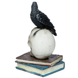 Angled view of a black crow figurine with textured feathers, standing on a white skull, which rests on a stack of brown and blue ornamental books, on a white background.