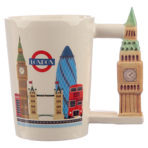 Off-white ceramic mug, angled to show its colourful London icons print, including Big Ben, Tower Bridge, the Gherkin, a red double-decker bus, and a red telephone box, and its unique sculpted Big Ben handle.