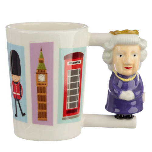Angled view of a white ceramic mug with a Queen-shaped handle and British landmark illustrations, including a Royal Guard, Big Ben, and a red telephone box.