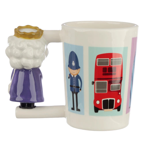 Angled view of a white ceramic mug, featuring its unique Queen-shaped handle with a gold crown and purple robe, seen from the rear. The mug's side is decorated with illustrations, including a red double-decker bus and a British police officer.