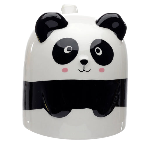 Front view of a white and black ceramic panda shaped upside down mug, featuring a panda face with black eye patches, nose, mouth, and pink cheek blush.
