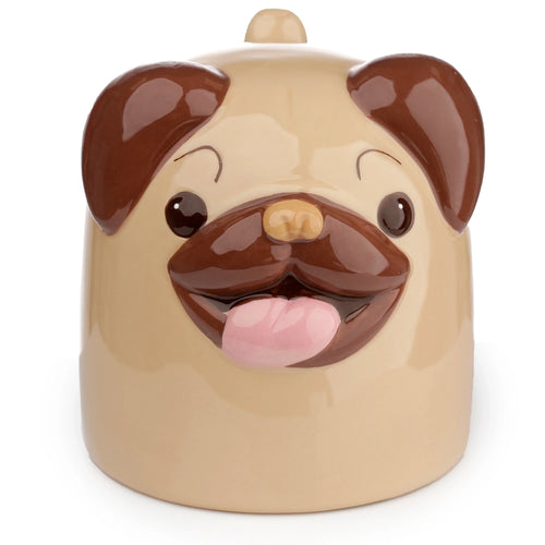 Front view of a beige ceramic pug dog shaped mug with dark brown ears, eyes, nose, and an open mouth with a pink tongue.