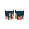Christmas Village Porcelain Mug showcasing its festive wrap-around design of snow-covered houses, trees, twinkling lights, and a windmill against a dark starry sky, presented from two angles.