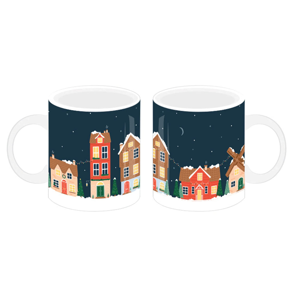 Christmas Village Porcelain Mug showcasing its festive wrap-around design of snow-covered houses, trees, twinkling lights, and a windmill against a dark starry sky, presented from two angles.