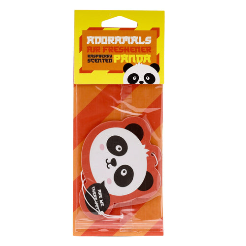 Front view of a packaged Adoramals panda air freshener, featuring a white and black panda head with pink blush and 'ARE WE THERE YET' text. It is sealed in clear plastic with a yellow hanging header card displaying 'Adoramals Air Freshener Raspberry Scented Panda' text, against an orange and red striped background.