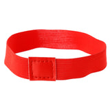 Straight-on view of a red elasticated woven strap, forming a loop, with a central rectangular faux leather detail and visible stitching.