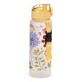 Angled view of an upright translucent frosted water bottle, featuring a vibrant floral pattern. It has a yellow pop top lid and a yellow fabric strap with a black buckle. The pattern depicts purple, pink, and red flowers with green leaves, and a bee.