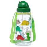 A clear children's water bottle, showcasing its colourful cartoon dinosaur print, with a green flip-top straw lid and a green carrying strap.
