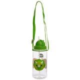Front view of a clear children's water bottle featuring a green cartoon dinosaur face illustration. It has a bright green lid with an integrated straw and an attached green carry strap.