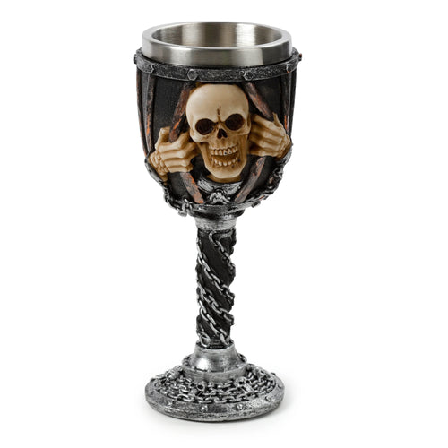 Decorative goblet with a prominent light-coloured skull design on its dark-coloured cup, twisted silver chain stem, and a round base adorned with embedded chains and smaller skulls. Features a brushed metal interior.