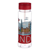 Front view of a clear reusable water bottle with a red flip straw cap and internal straw, featuring a colourful London skyline graphic including Big Ben and The Shard, alongside 'LONDON' text on a red band.