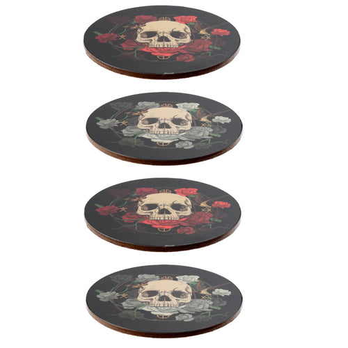 Angled view of four circular cork coasters, two with a black and red skull and roses design, and two with a black and grey skull and roses design, all displaying their natural cork edges.