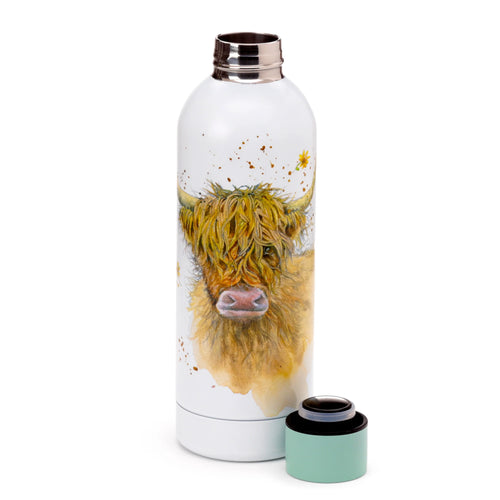 Angled view of a white stainless steel insulated drinks bottle, featuring a watercolour Highland Coo cow design with a removed mint green cap.