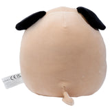 Back view of Squidglys Gus the Pug Adoramals plush toy, a light beige pug with black ears and a curled tail, showing a fabric tag.