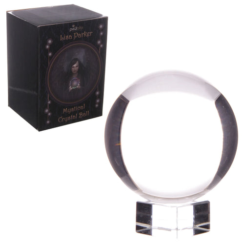 Clear spherical decorative mystical crystal ball on a transparent square stand, shown alongside its dark packaging box featuring an illustration of a woman holding a crystal ball.