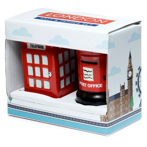 Red ceramic telephone box and letterbox novelty salt and pepper set, displayed inside its open, London-themed retail box with a city skyline illustration, viewed from above.