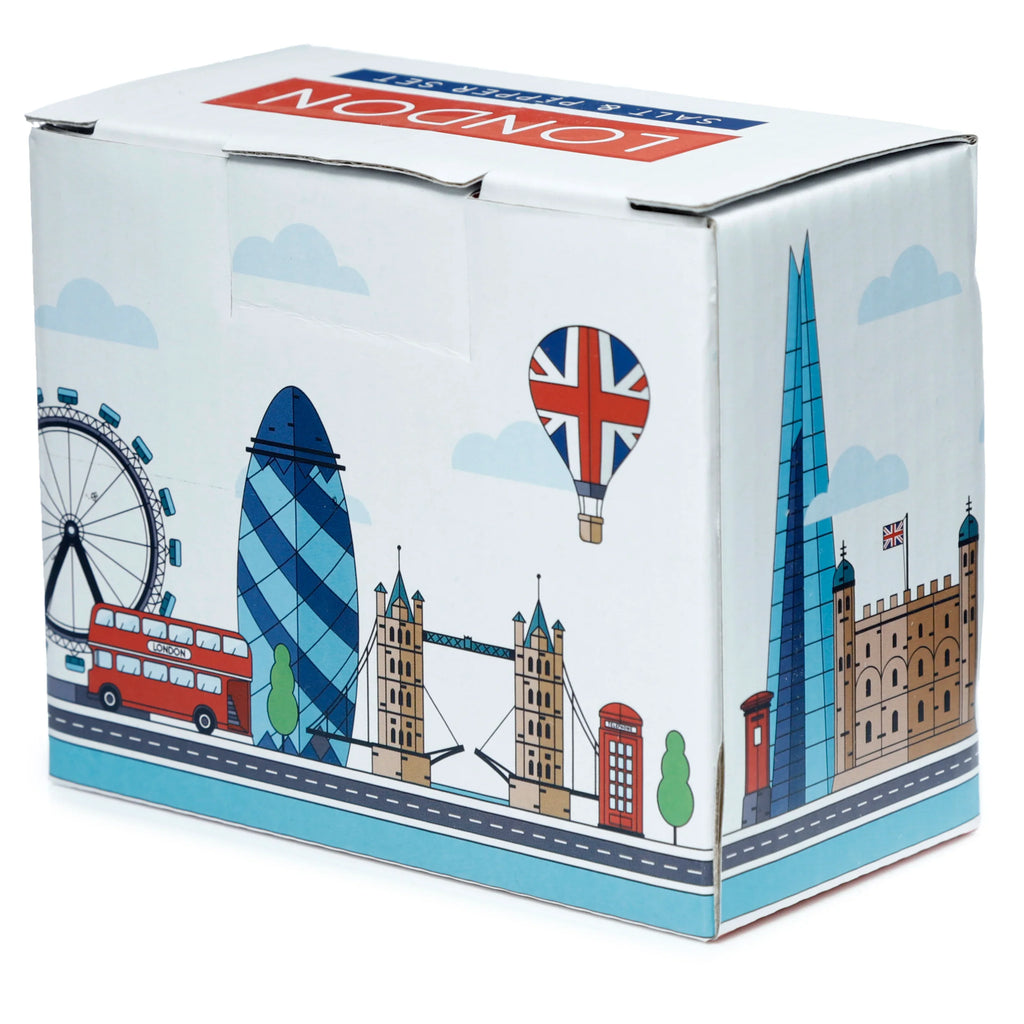 Angled view of a white cardboard packaging box for a salt and pepper set, with 'LONDON SALT & PEPPER SET' text on the top. The side features colourful cartoon-style illustrations of London landmarks including a red double-decker bus, a red telephone box, Tower Bridge, the London Eye, the Gherkin, the Shard, and the Tower of London.