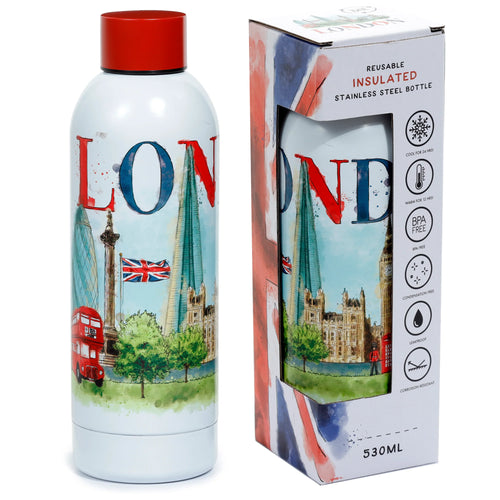 Angled view of a white reusable stainless steel insulated drinks bottle with a red lid, featuring a London tour design including the Gherkin, Big Ben, a red double-decker bus, and 'LONDON' lettering. The 530ml bottle is shown next to its white packaging box, which displays text such as 'REUSABLE INSULATED STAINLESS STEEL BOTTLE' and a Union Jack motif.