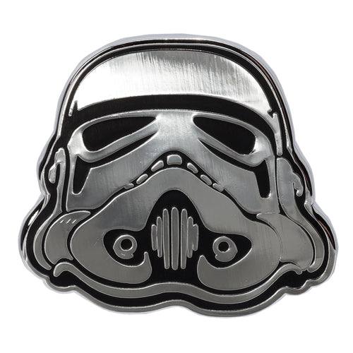 Front view of a silver and black Stormtrooper helmet enamel pin badge.