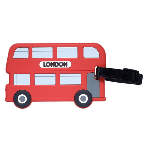 Side view of a red PVC London bus luggage tag, featuring 'LONDON' in white text on its side and an attached black strap.