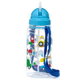 Upright view of a clear children's water bottle with a blue lid and white straw. It features colourful illustrations of red and yellow tractors, other farm vehicles, a petrol pump, and fences, with a blue strap visible on the side.
