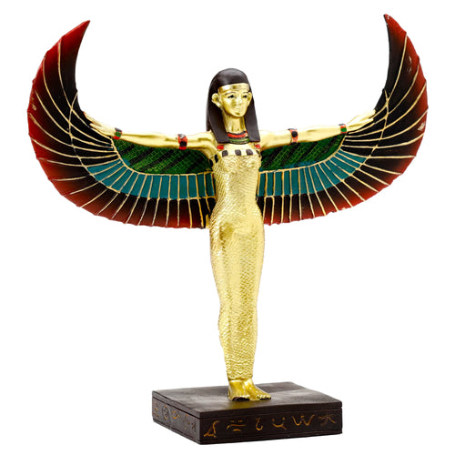 Front view of a decorative gold Egyptian winged standing Isis figurine on a black base with gold hieroglyphs, featuring detailed red, black, green, and teal wings and a textured golden body.