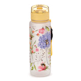 Frosted white water bottle with a yellow pop-top lid, adorned with a colourful design of bumblebees amongst pink, purple, and orange flowers, and a yellow carry strap.