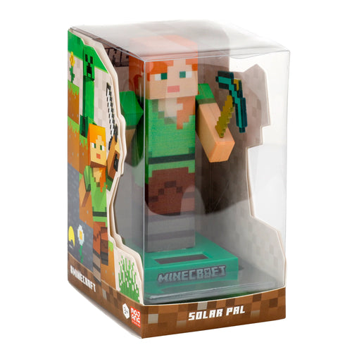 Angled view of a Minecraft Alex Solar Pal, a pixelated figurine in clear plastic packaging. Alex has orange hair and holds a pickaxe. The green base features a solar panel, and the cardboard backing displays Minecraft scenery.