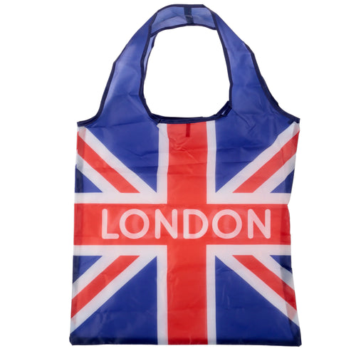 Front view of a blue, red, and white foldable shopping bag featuring a Union Jack flag design with 'LONDON' text in white.