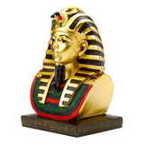 Angled view of a decorative gold Egyptian Tutankhamen bust ornament, featuring a striped headdress, colorful broad collar, and a dark base with gold hieroglyphic symbols.