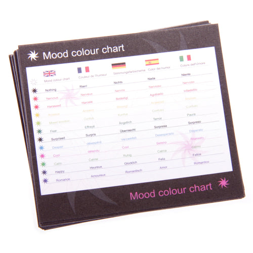 Angled view of a stack of black informational cards displaying a multi-language mood colour chart. The chart details various emotions like 'Nervous' and 'Happy' with corresponding star-shaped colour indicators for mood rings.