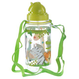 Angled view of a clear children's water bottle with a bright green lid. It has a colourful zoo animal design featuring a zebra, giraffe, and tiger, an internal straw, and a green carrying strap.
