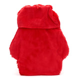 Rear view of a red plush hot water bottle cover with a small red ribbon loop at the top.